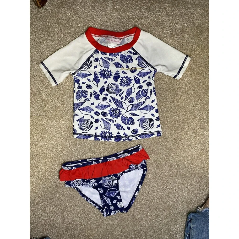 Tommy Bahama Girls Rash Guard Swimsuit Set 18M Blue White Seashells 2 Piece